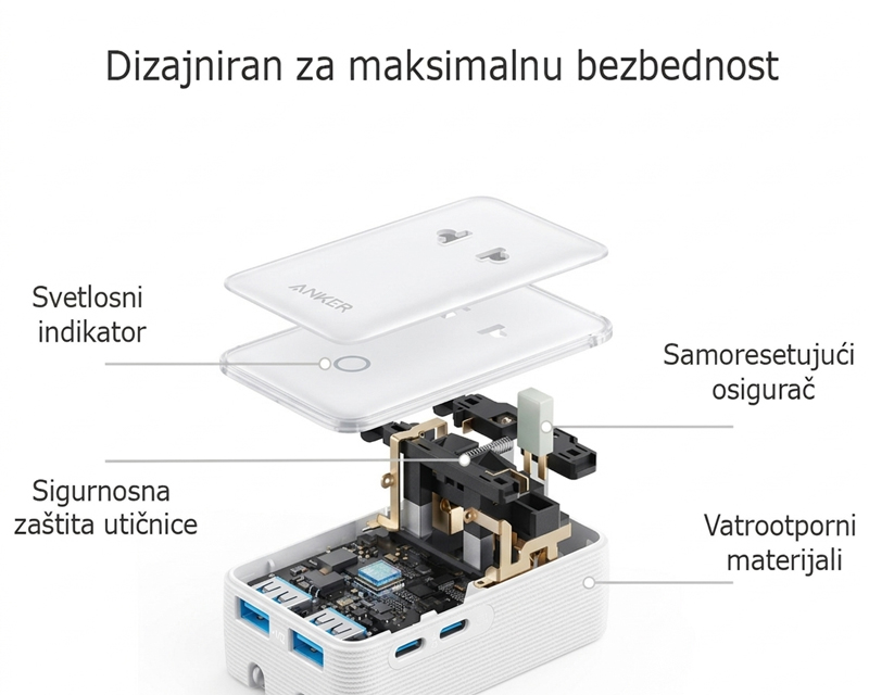 Nano 20W putni zidni punjač 5-portova (2x USB-A, 2x USB-C, utičnica EU na US, UK, AU i EU), beli