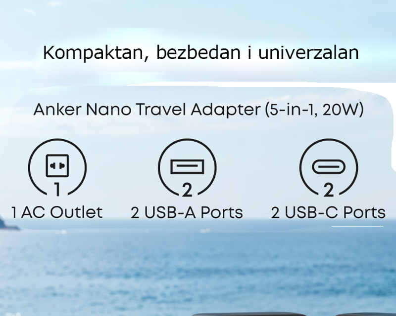 Nano 20W putni zidni punjač 5-portova (2x USB-A, 2x USB-C, utičnica EU na US, UK, AU i EU), beli