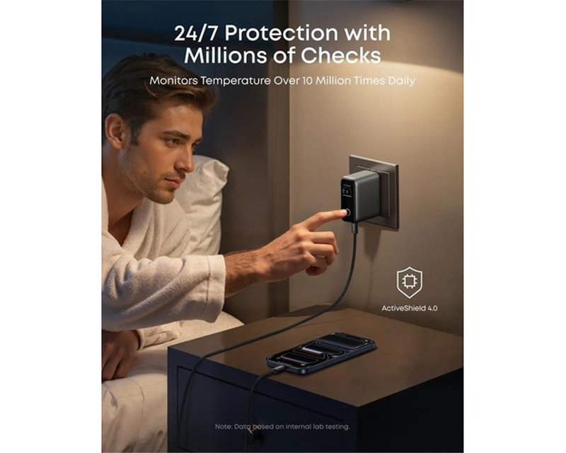 100W GaN zidni brzi punjač, 3-porta (2x USB-C i 1x USB-A) sa USB-C M/M pletenim kablom, tamno sivi