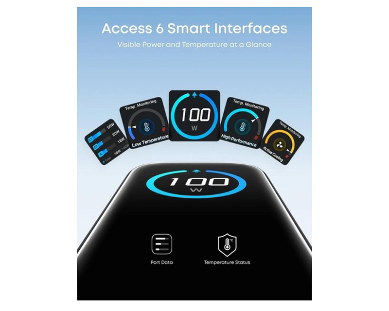 100W GaN zidni brzi punjač, 3-porta (2x USB-C i 1x USB-A) sa USB-C M/M pletenim kablom, tamno sivi
