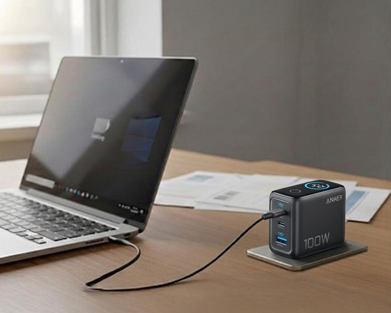 100W GaN zidni brzi punjač, 3-porta (2x USB-C i 1x USB-A) sa USB-C M/M pletenim kablom, tamno sivi