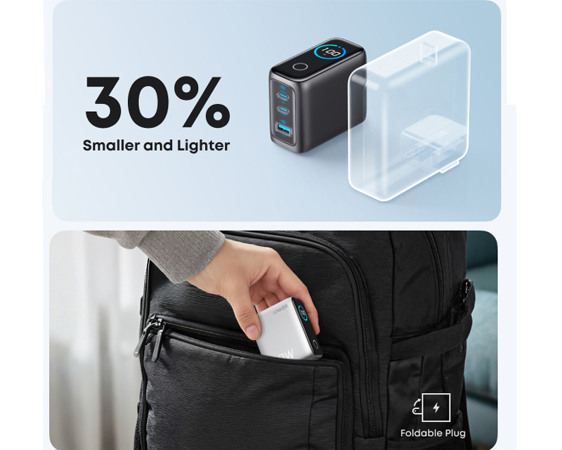 100W GaN zidni brzi punjač, 3-porta (2x USB-C i 1x USB-A) sa USB-C M/M pletenim kablom, tamno sivi