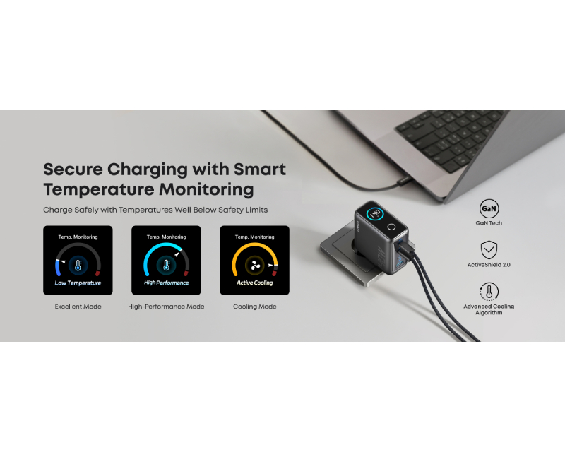 140W GaN zidni brzi punjač, 4-porta (3x USB-C, 1x USB-A) sa USB-C M/M pletenim kablom, tamno sivi