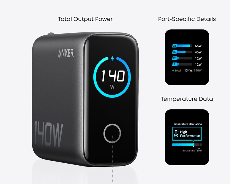 140W GaN zidni brzi punjač, 4-porta (3x USB-C, 1x USB-A) sa USB-C M/M pletenim kablom, tamno sivi