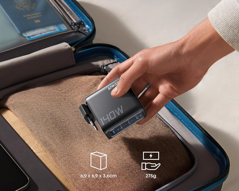 140W GaN zidni brzi punjač, 4-porta (3x USB-C, 1x USB-A) sa USB-C M/M pletenim kablom, tamno sivi