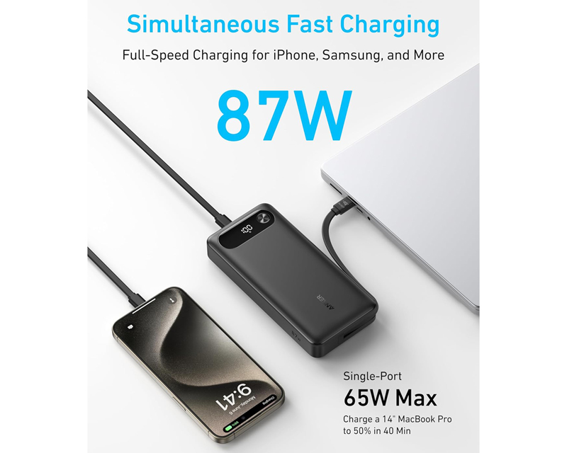 20000mAh, 87W, sa ugrađenim USB-C kablom na izvlačenje, Power Bank crni