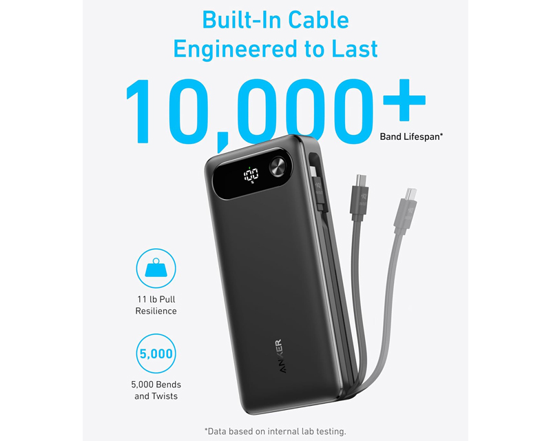 20000mAh, 87W, sa ugrađenim USB-C kablom na izvlačenje, Power Bank crni