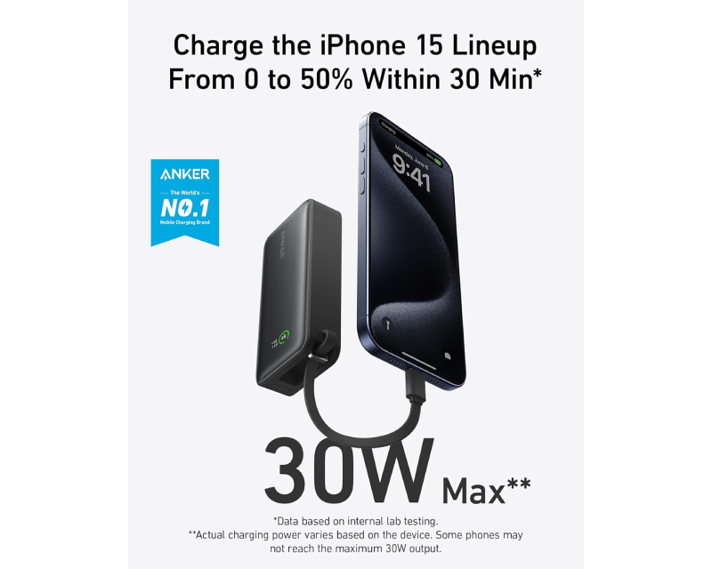 Nano 10000mAh, 30W, sa ugrađenim USB-C kablom, Power Bank crni