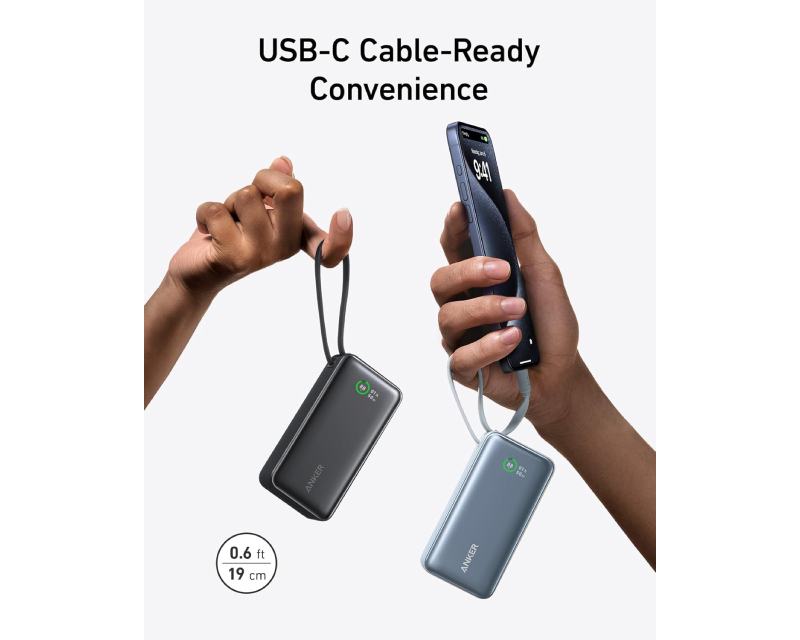 Nano 10000mAh, 30W, sa ugrađenim USB-C kablom, Power Bank crni