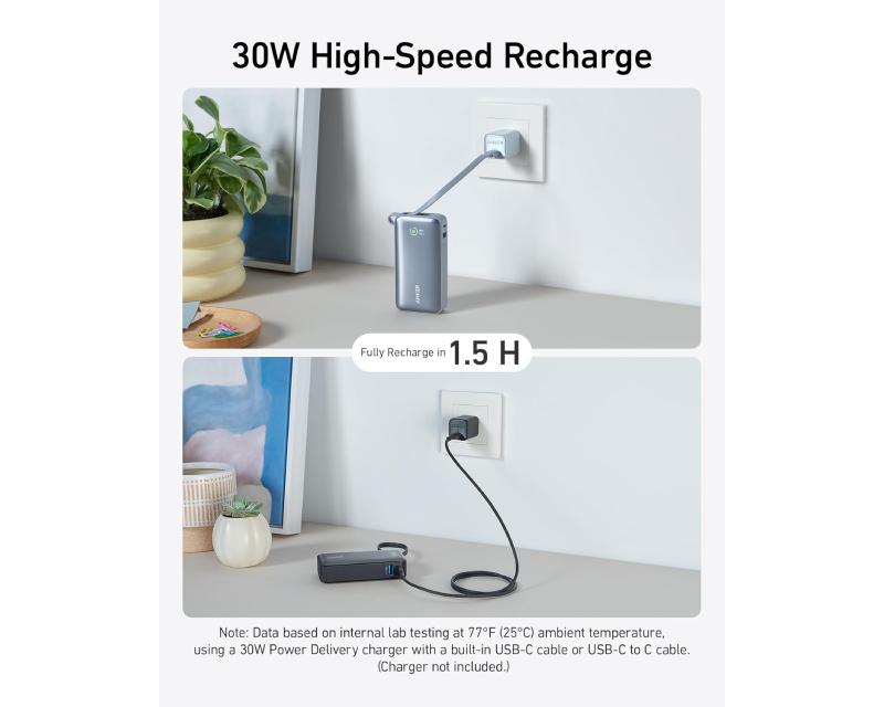 Nano 10000mAh, 30W, sa ugrađenim USB-C kablom, Power Bank crni