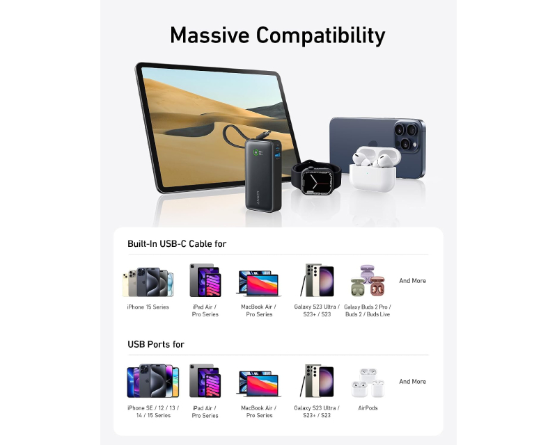 Nano 10000mAh, 30W, sa ugrađenim USB-C kablom, Power Bank crni