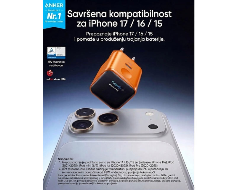Nano 45W putni zidni punjač sa ekranom, USB-C port, plavi