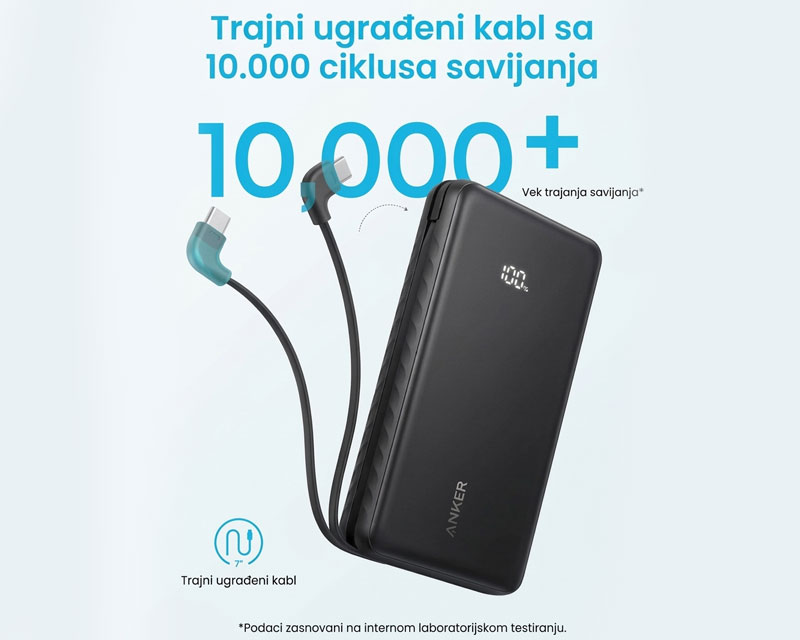 Zolo 10000mAh, 22.5W, sa ugrađenim USB-C kablom, Power Bank crni