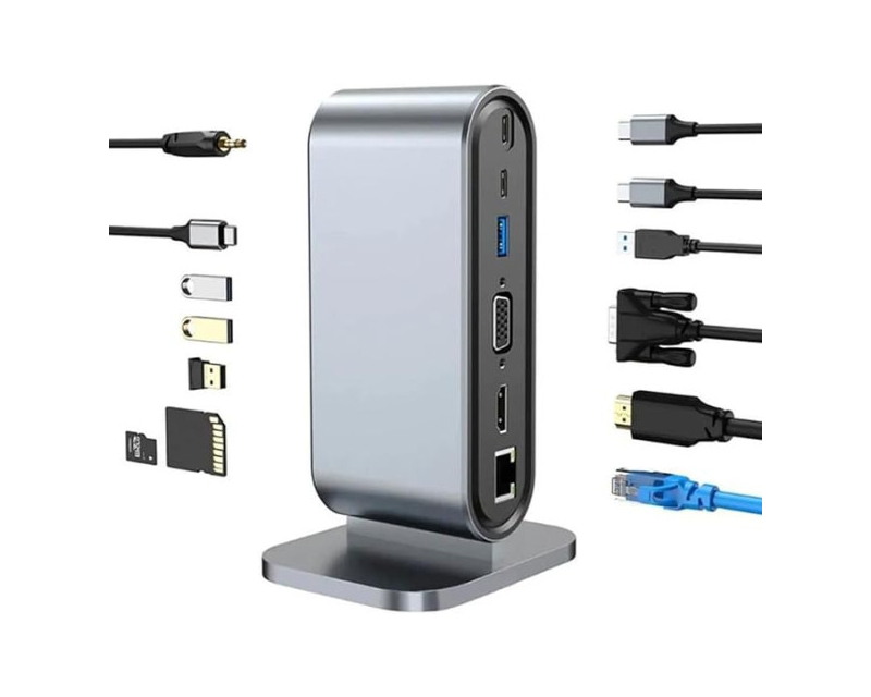 Adapter TIP C HUB na HDMI+VGA+4xUSB+SD/micro+RJ45+ PD+2xTIP C+Audio